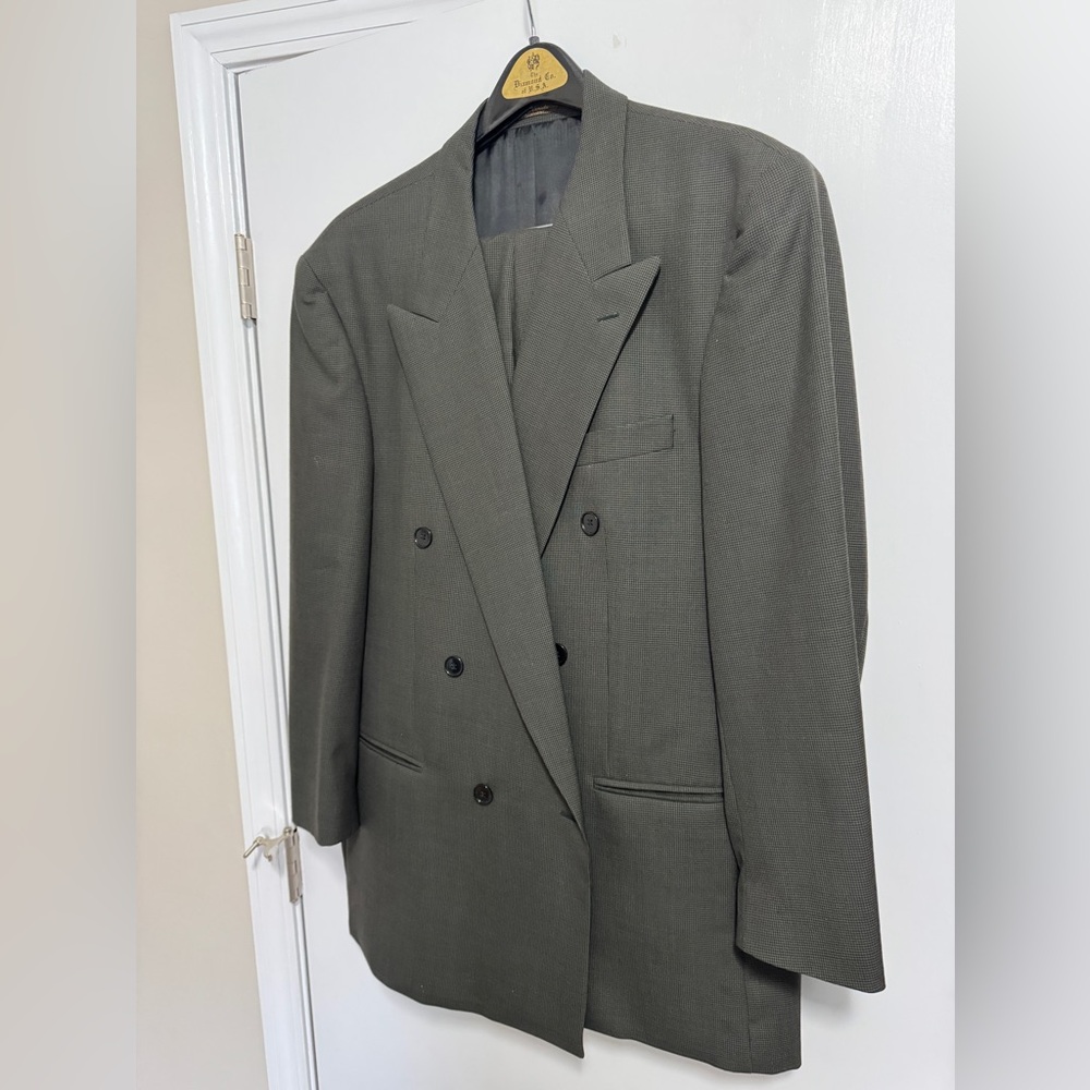 Franco Tassi Men's Double-Breasted Blazer - Olive Green/Grey houndstooth